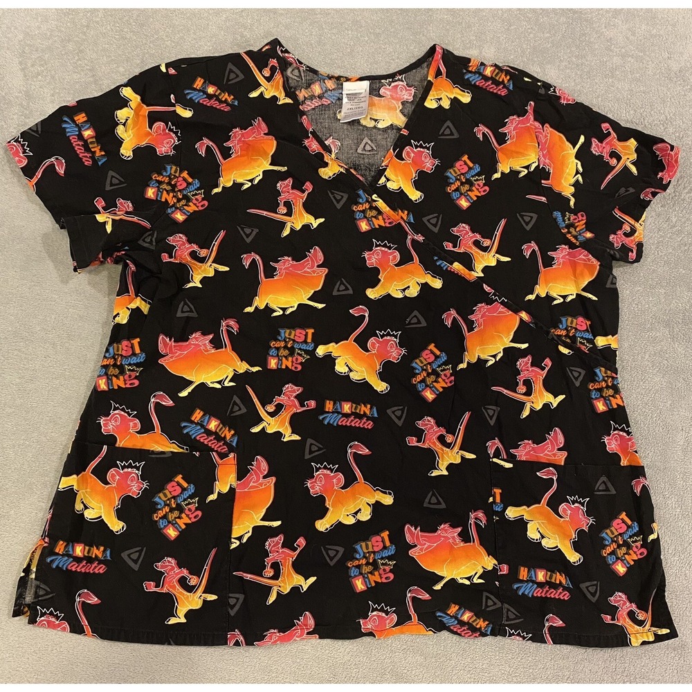 Disney Lion King Womens 2XL Scrub Top Black Mock‎ Wrap SS Simba Hakuna Matata